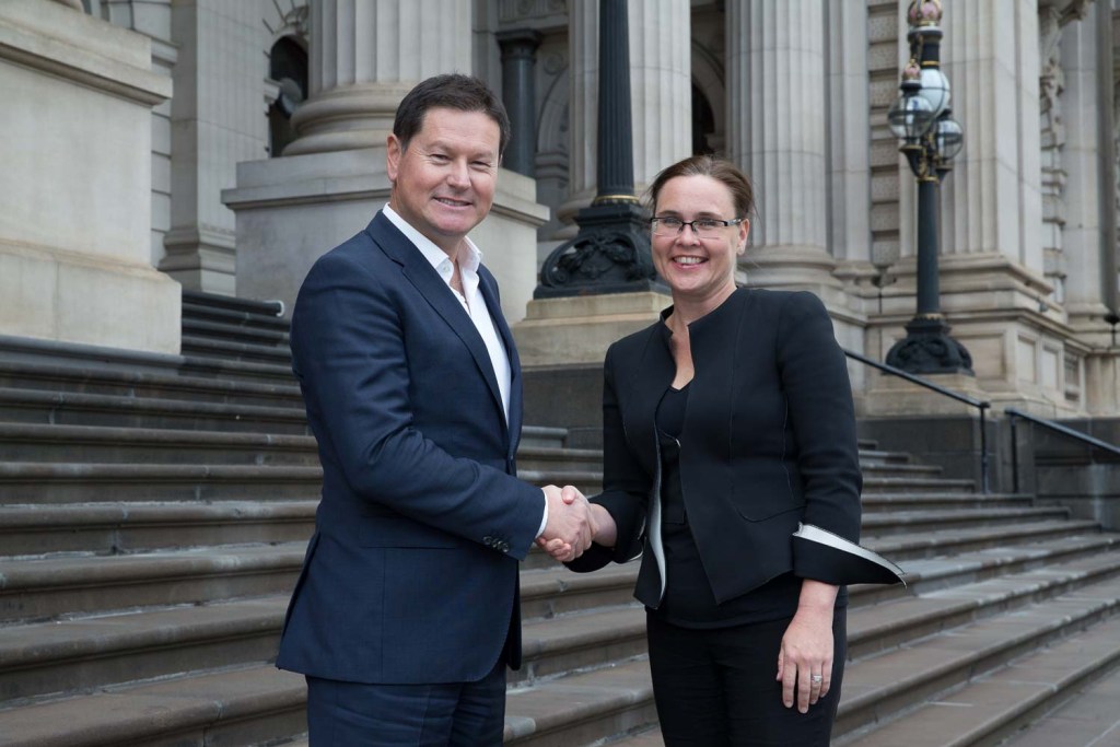 Airbnb Country Manager Sam McDonagh with Victorian Minister for Consumer Affairs Jane Garrett at Parliament House in Melbourne.