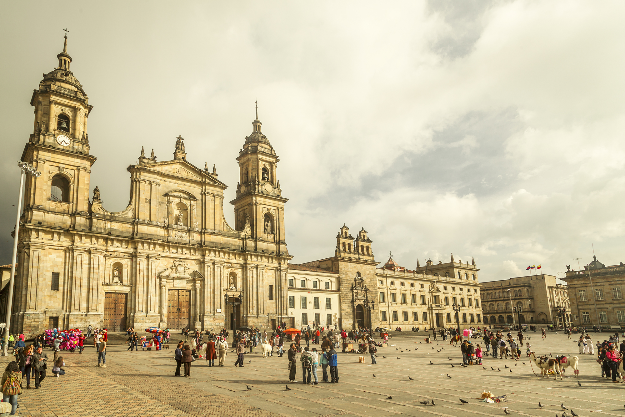 Wide diagonal view of the Plaza de Bolivar in Bogota Colombia
