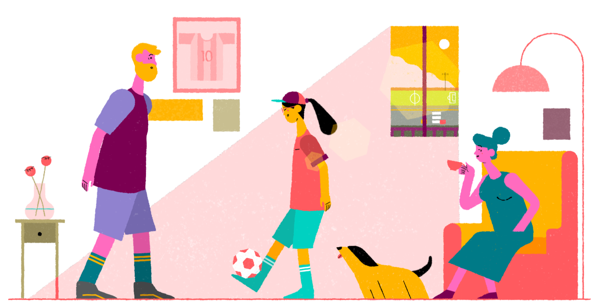 An illustration featuring the Airbnb host and guest juggling a football inside while a dog watches and the host's wife sips on some tea.