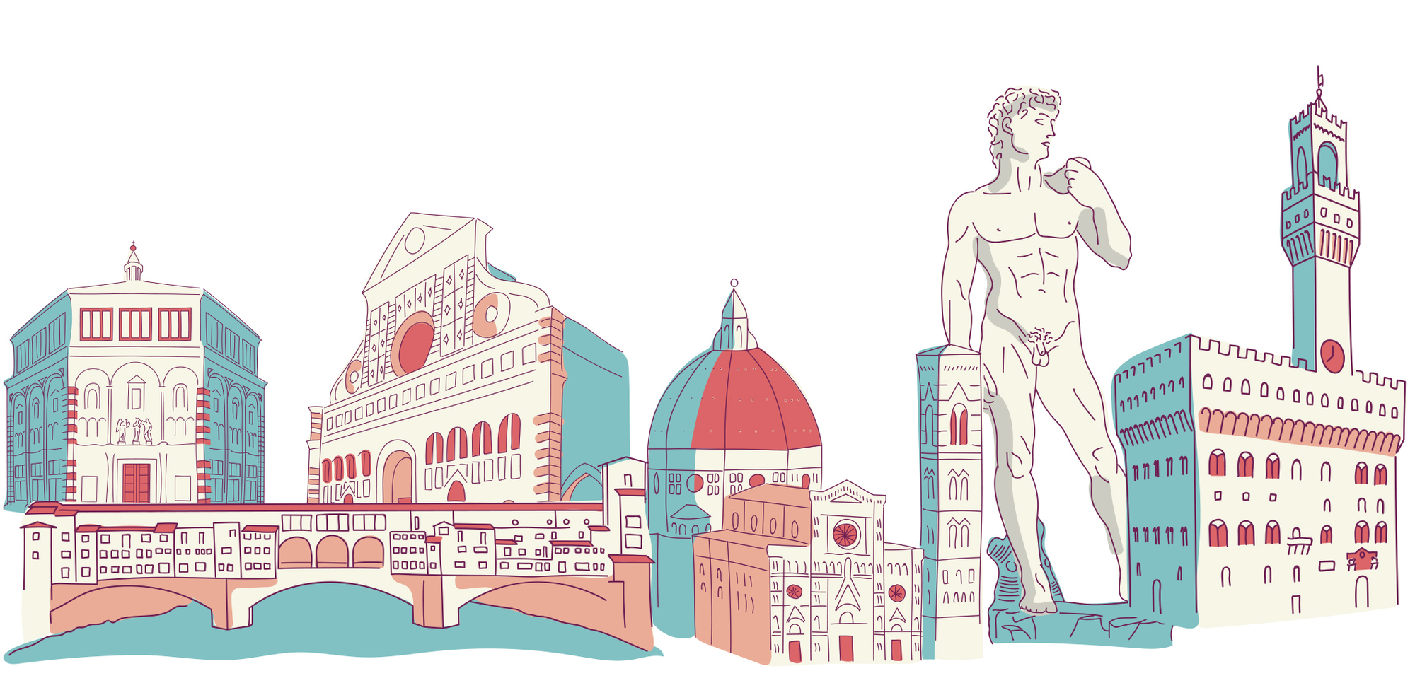 Color illustration featuring classic lankmarks from Flroence, including Michelangelo's David and the Cathedral of Santa Maria del Fiore