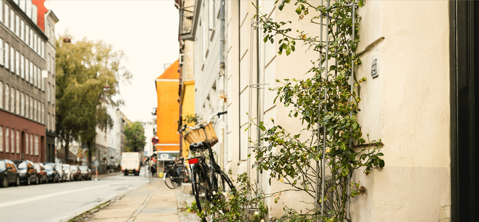 A bike is parked on a sidewalk in Copenhagen.