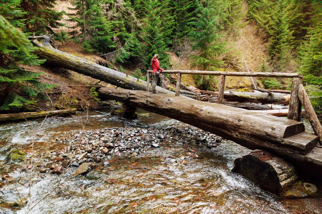 A woman standing on a bridge made out of a fallen tree over a flowing river in a forest in Eugene, Oregon.