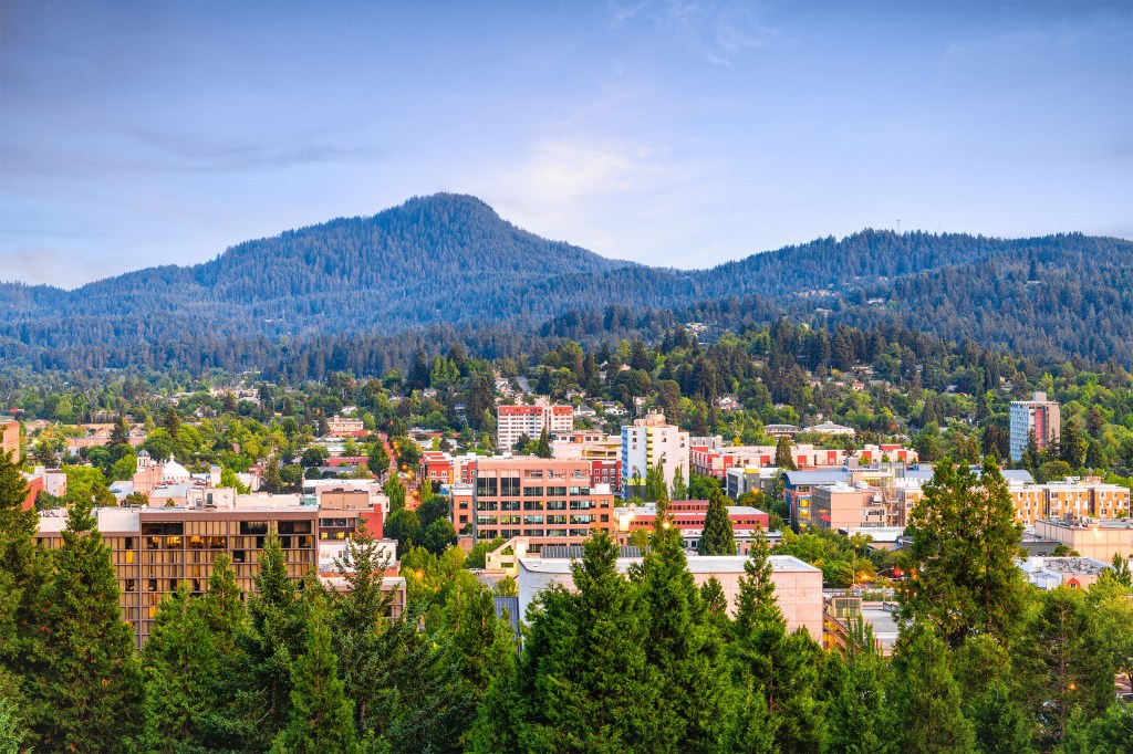 Eugene, Oregon skyline at dusk.