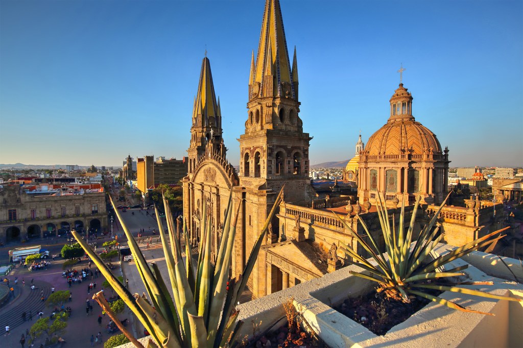 Guadalajara Cathedral (Cathedral of the Assumption of Our Lady), and agave plants.