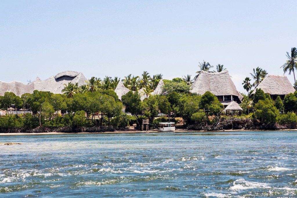 Buildings on the shore of a beach near Malindi, Kenya.