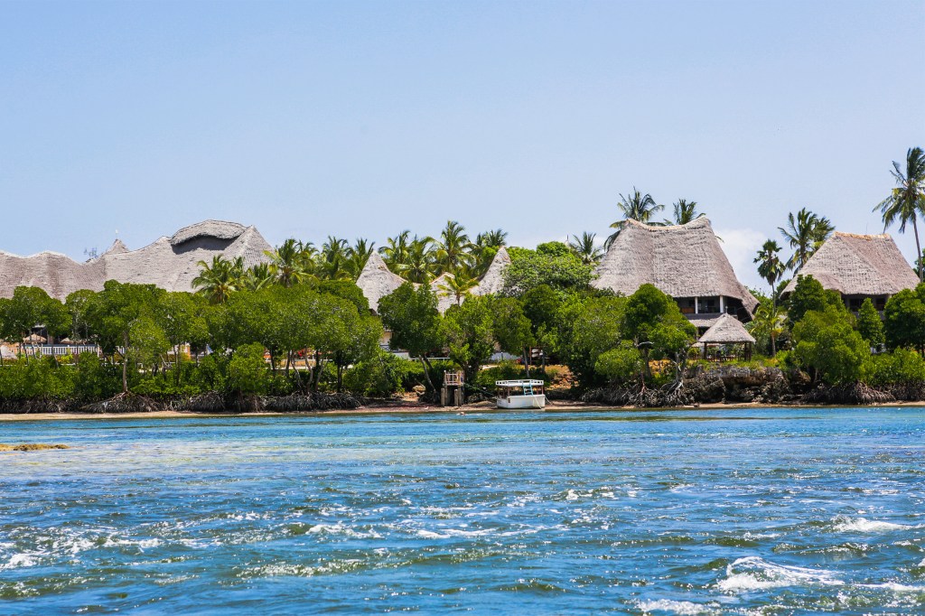 Buildings on the shore of a beach near Malindi, Kenya.