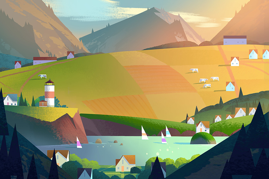 A colorful illustration of a small agricultural town between a river and mountains.