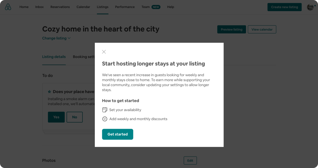 Airbnb product screenshot showing a modal window that introduces host to a tool that that helps them set up their listing(s) for longer term stays.
