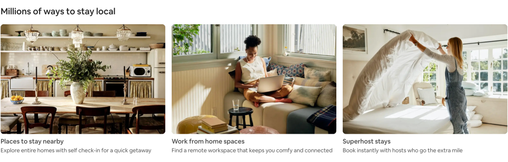 Airbnb product screenshots showcasing new buttons on the home page that help travelers find local options.