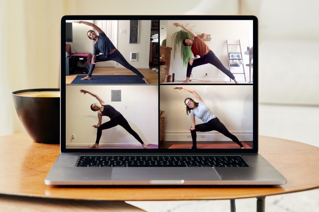 A host guides guests through a yoga flow on an Airbnb Online Experience.