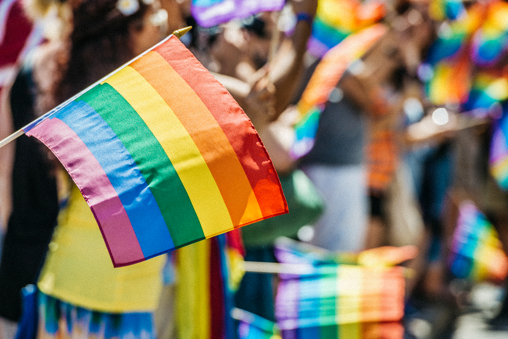 Pride flag in the middle of the Pride parade
