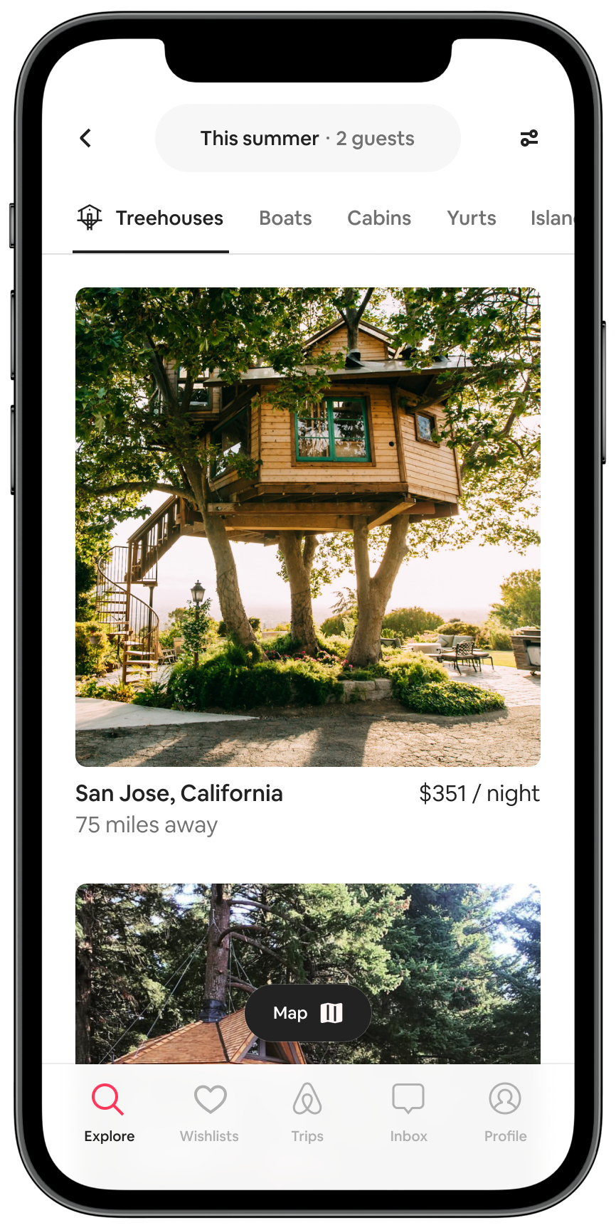 Treehouse listings are shown in a list on the flexible destinations mobile screenshot of the Airbnb app. 