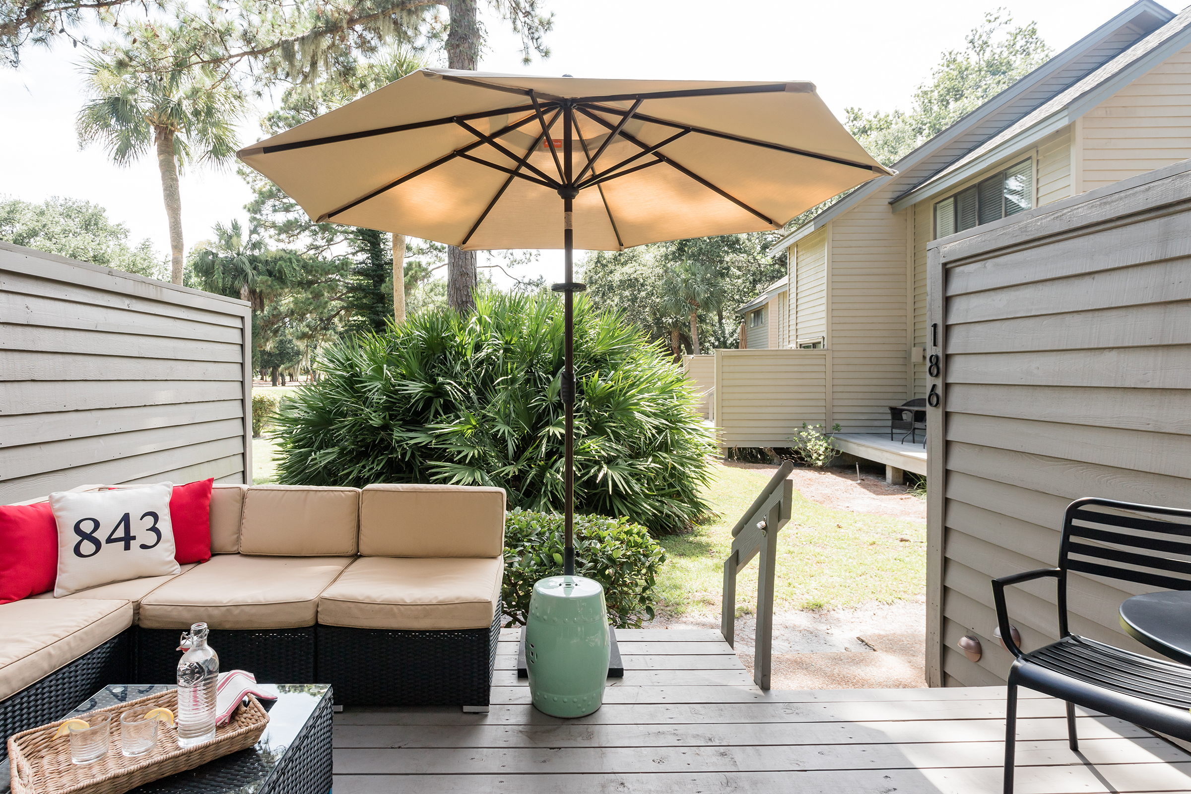 Outdoor porch view of the Hilton Head Villa with Golf View in Hilton Head Island, South Carolina