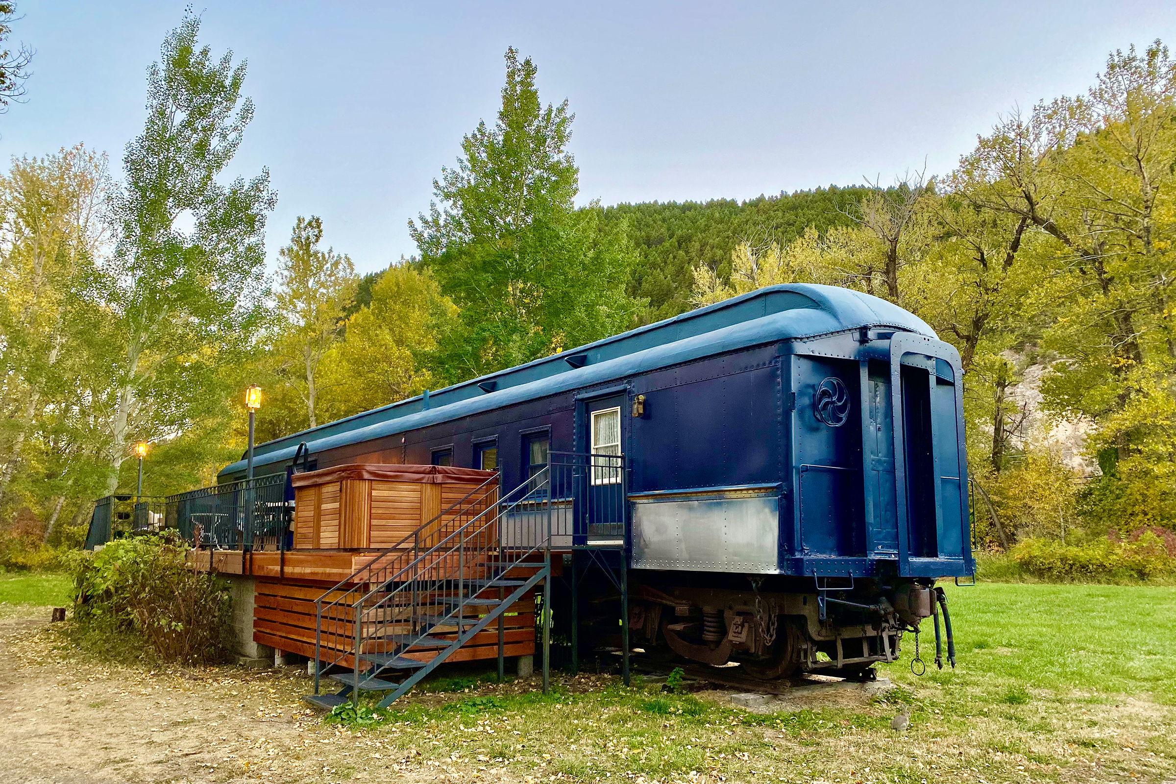 Exterior view of the train stay, 'The Centennial Inn', in Park County, Montana