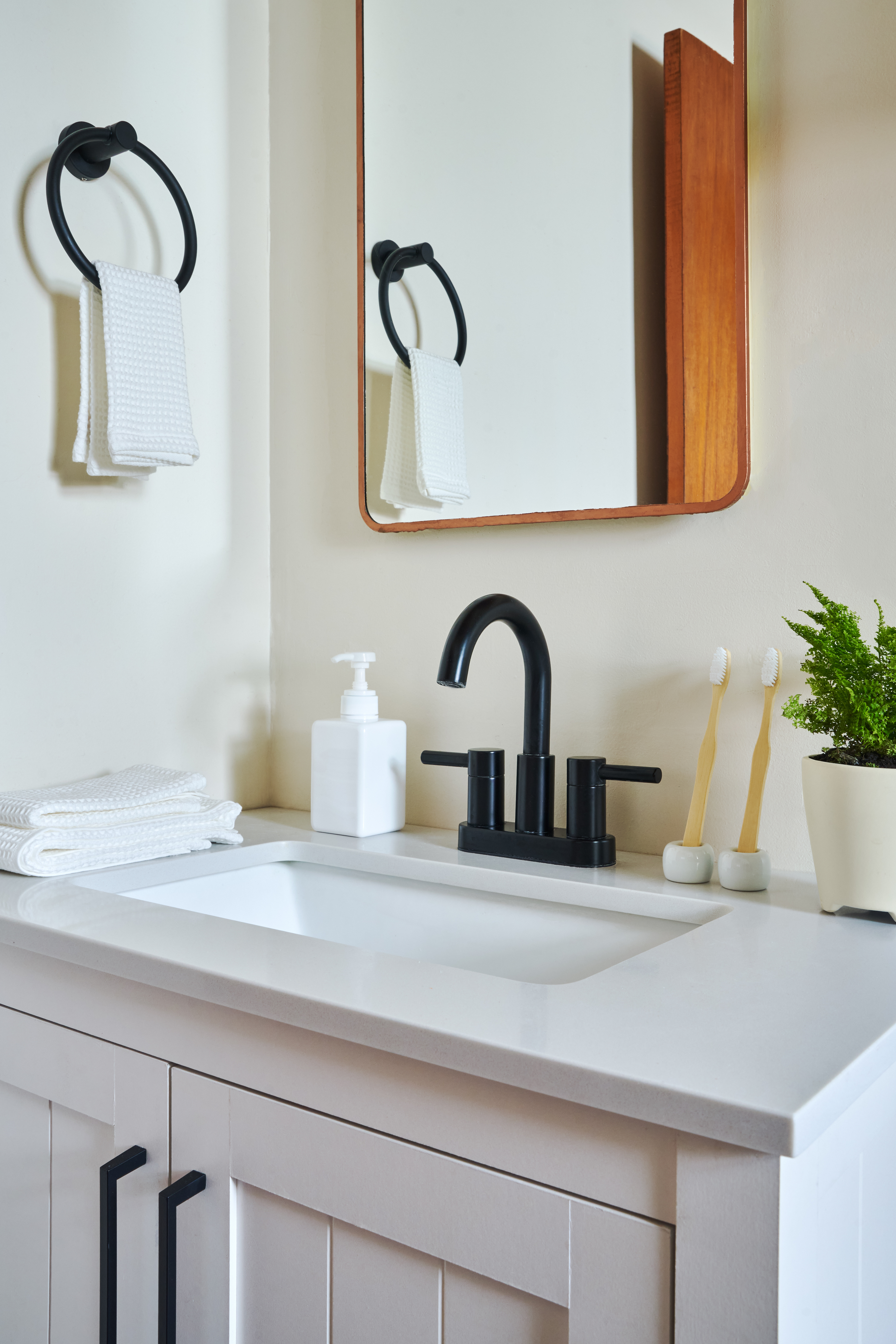 Bathroom sink with towel linens, soap dispenser, toothbrushes and stands and potted plant all included in Host starter kit.