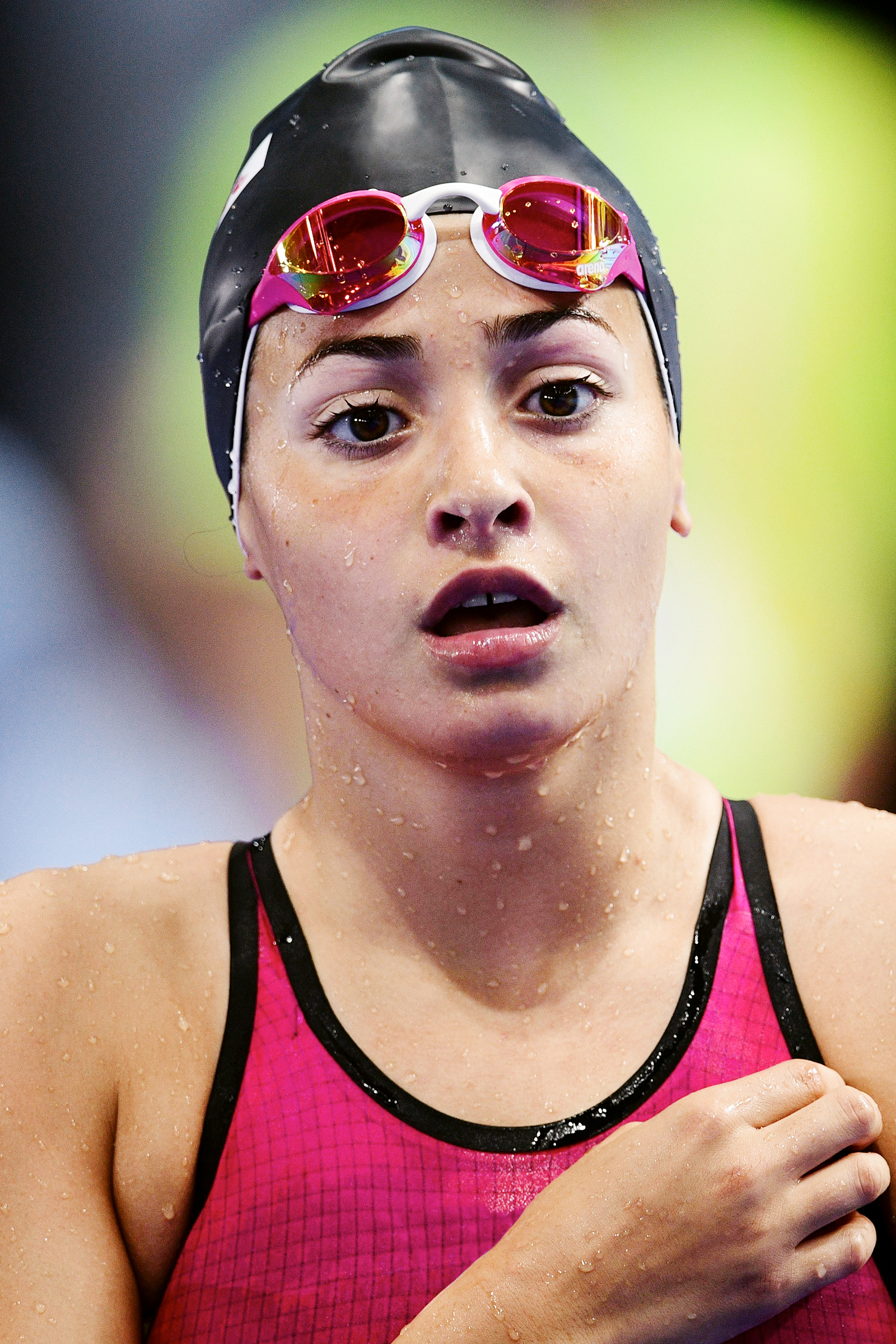 Syrian refugee Yusra Mardini reacts before competing in women's 100m butterfly heat during the swimming competition at the 2017 FINA World Championships in Budapest