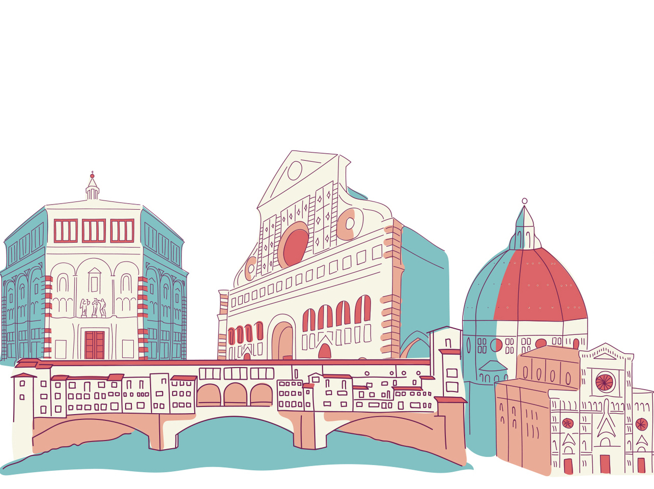 Color illustration featuring landmarks from Florence including its cathedral and bridge.