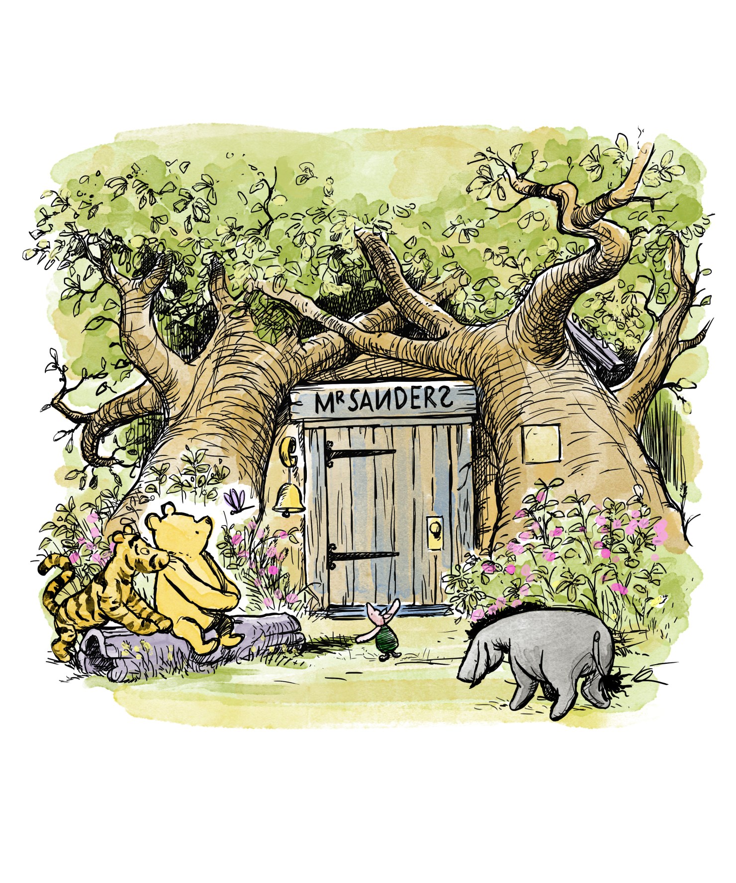 Winnie the Pooh illustrator, Kim Raymond's color illustration of the Winnie the Pooh house, including sketches of Pooh, Tigger, Piglet and Eeyore.