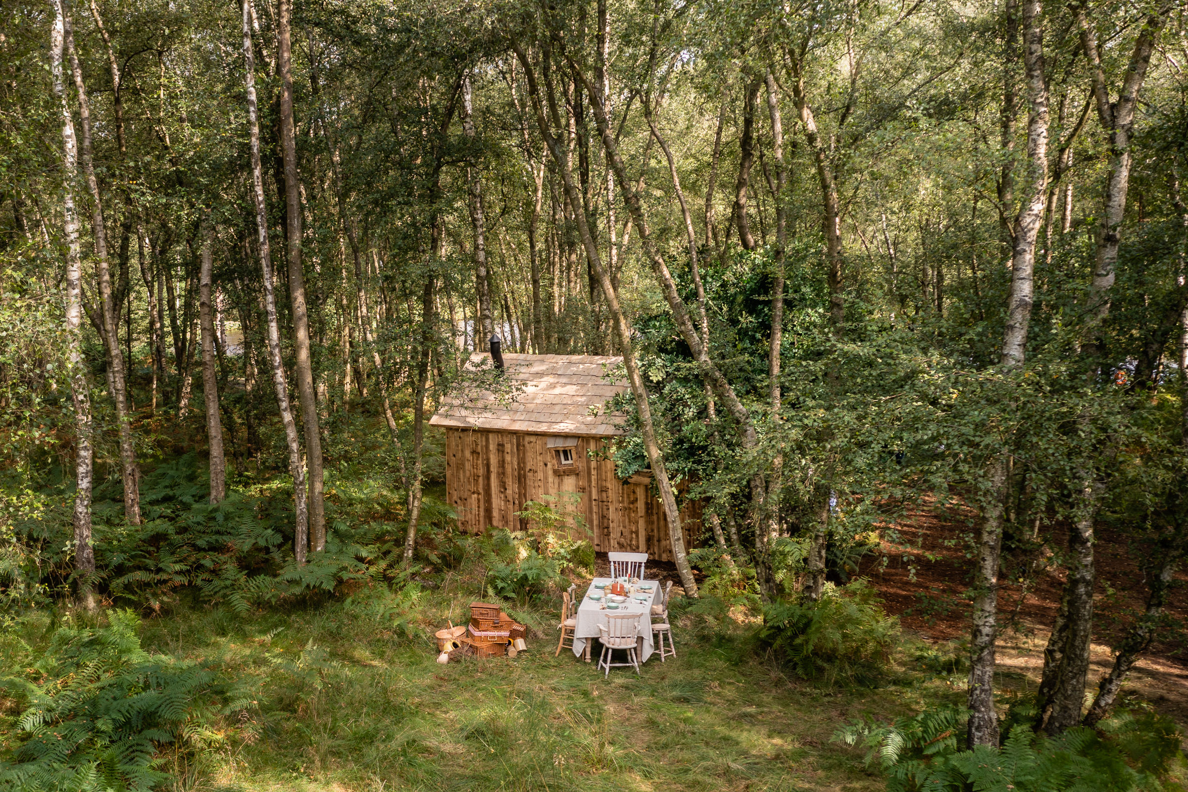 Side view of Winnie the Pooh's house set the the heart of the 100 Acre Wood. Picnic table has been prepared so you can enjoy a snack of "a little something".