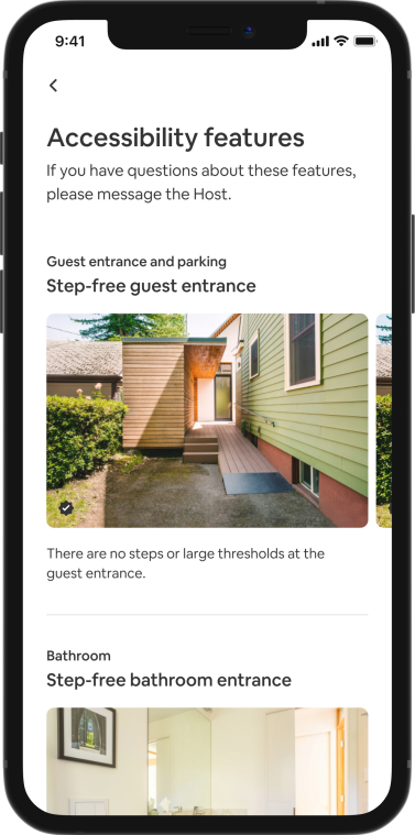 Screen shot of user interface of the Airbnb app showing the accessibility features of a listing - including photos of a wheelchair ramp and a step-free bathroom entrance. 