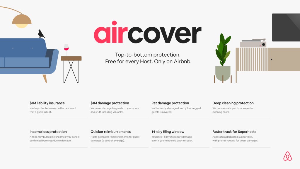 AirCover branding graphic with a living room illustration around the AirCover name. List of Aircover benefits bulleted underneath.
