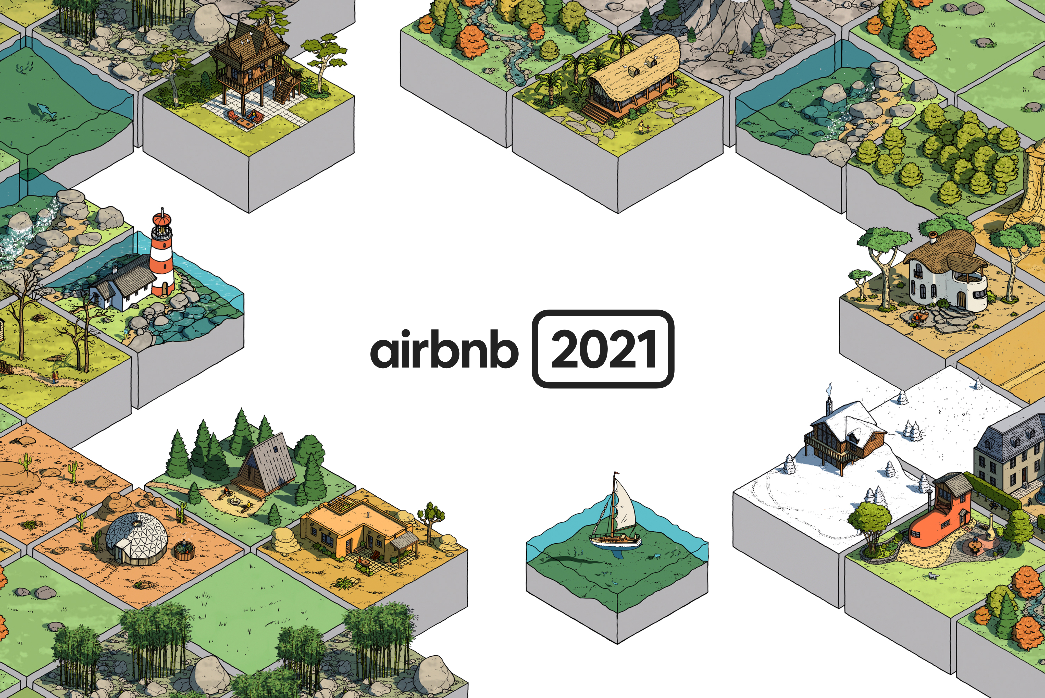 Airbnb 2021 Winter Release graphic with square puzzle pieces featuring different home illustrations