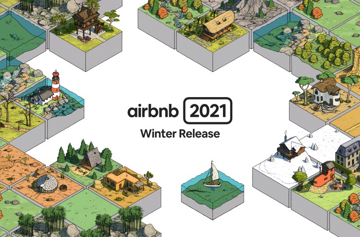 Airbnb 2021 Winter Release graphic with square puzzle pieces featuring different home illustrations.