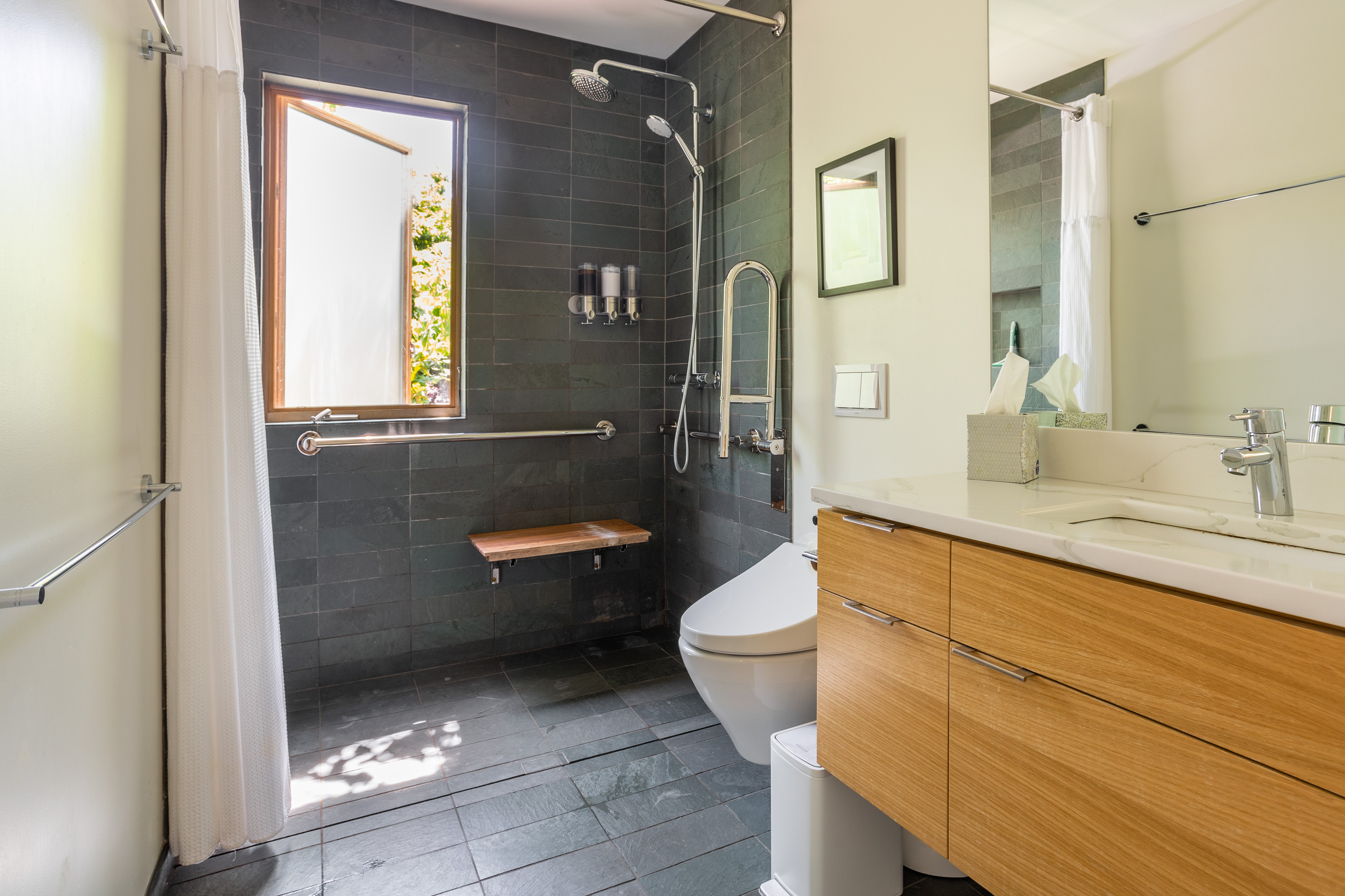 A bathroom with a step-free shower and toilet.