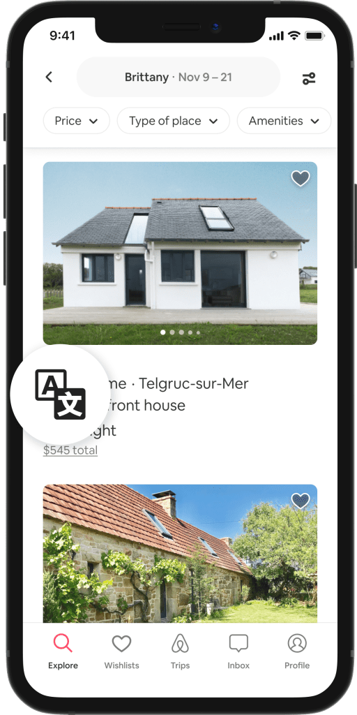 A screenshot of a listings search page, showing automatic listing title translations using the new Translation Engine tool.