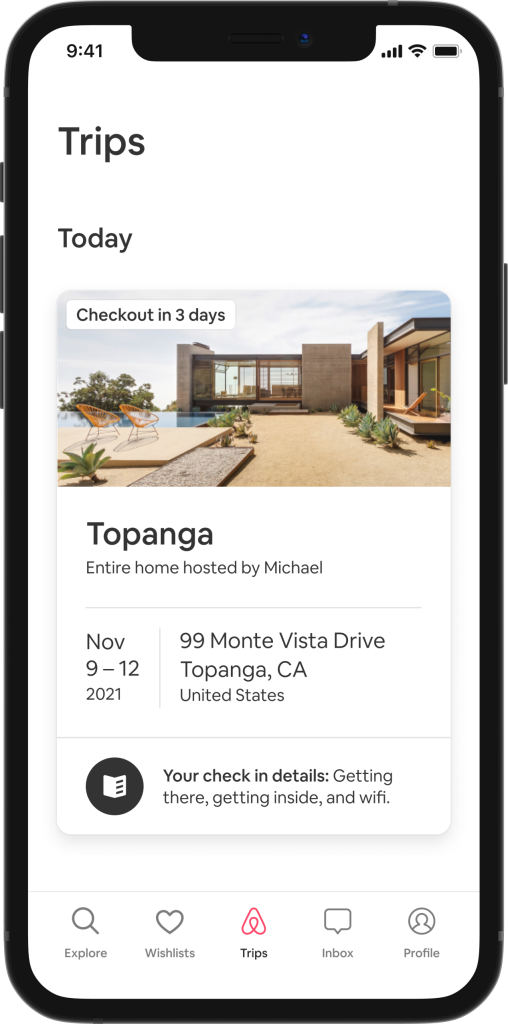 Graphical user interface of the Smarter Trips Tab, showing check-in details including address, check-in time and stay dates for a listing in Topanga, California. 