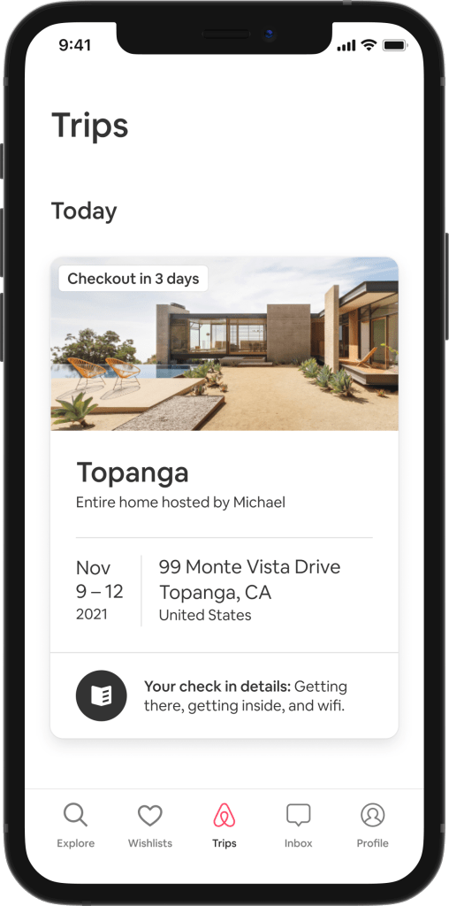 Graphical user interface of the Smarter Trips Tab, showing check-in details including address, check-in time and stay dates for a listing in Topanga, California. 