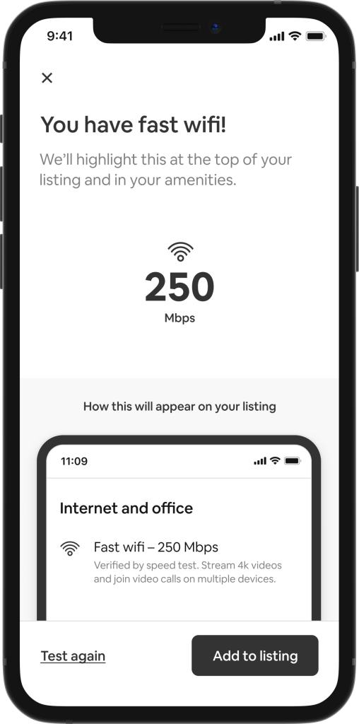 Graphical user interface of the Verified Wifi speed tool, from the Host point of view. Image shows the wifi speed of a listing to be 250 Mbps.