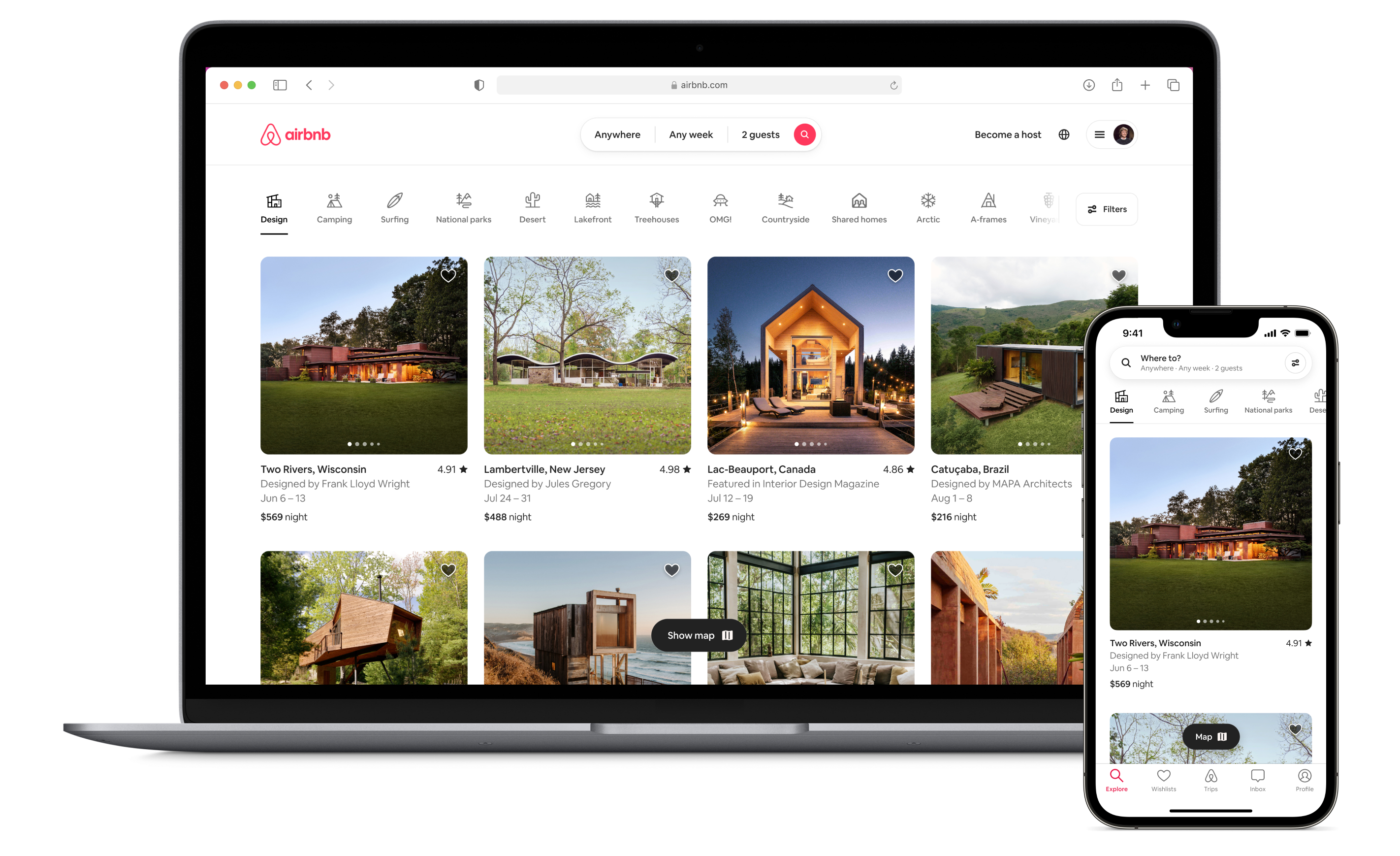 Desktop and mobile devices with the new Airbnb Categories search experience in situ.