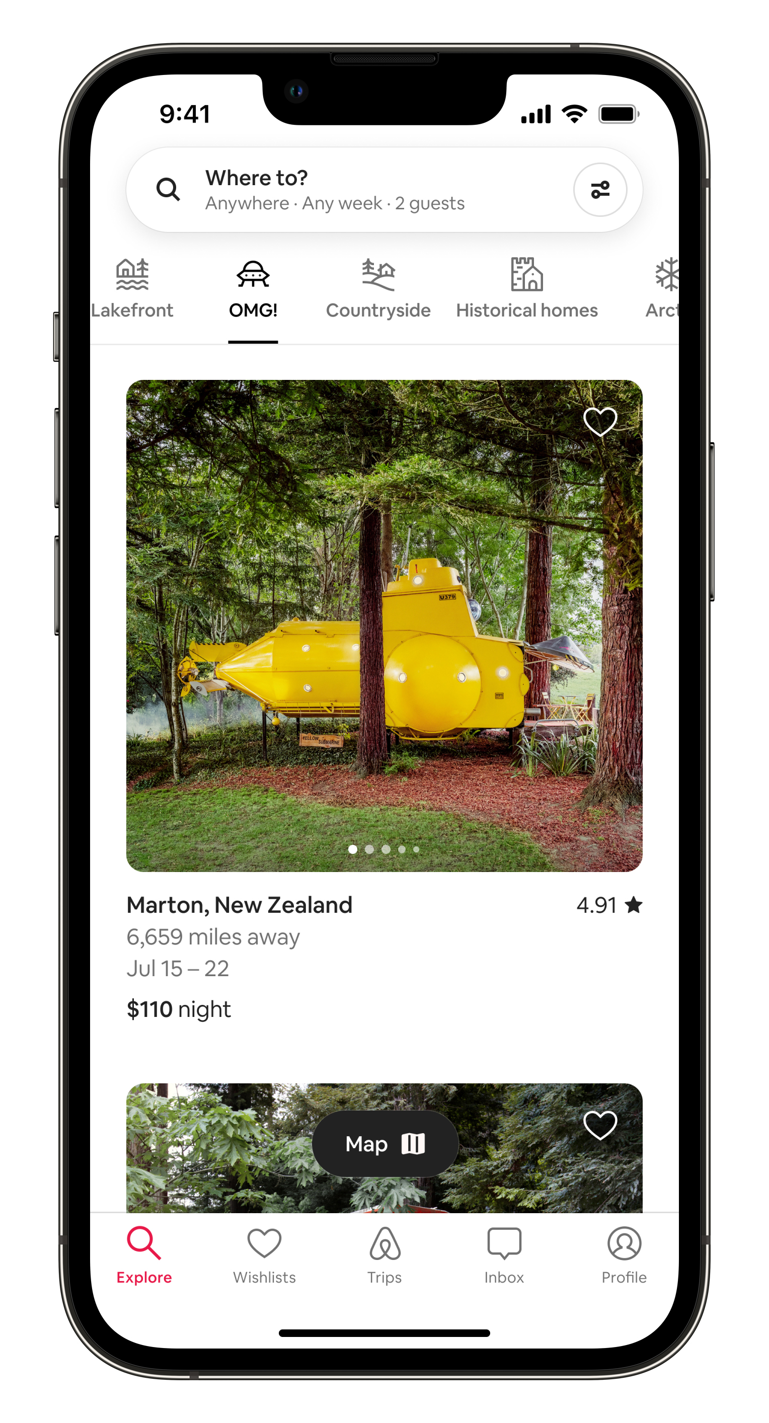 Airbnb product in iPhone mobile device showing a yellow submarine in the forest in the OMG! Category 