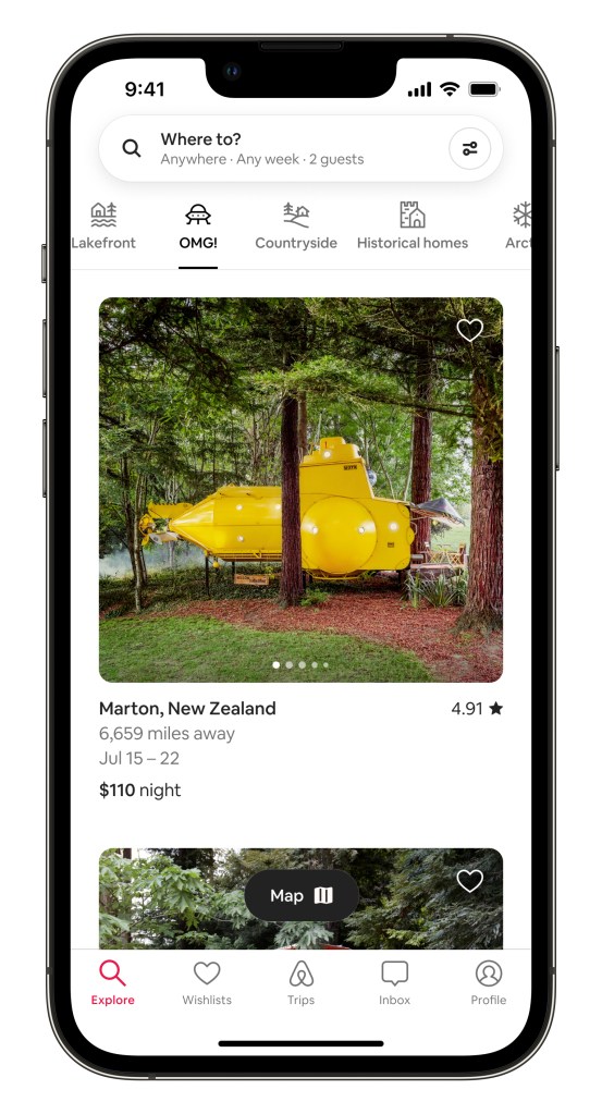 Airbnb product in iPhone mobile device showing a yellow submarine in the forest in the OMG! Category