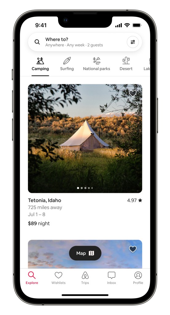 Airbnb product in iPhone mobile device showing a glamping Idaho tent in the Camping Category 