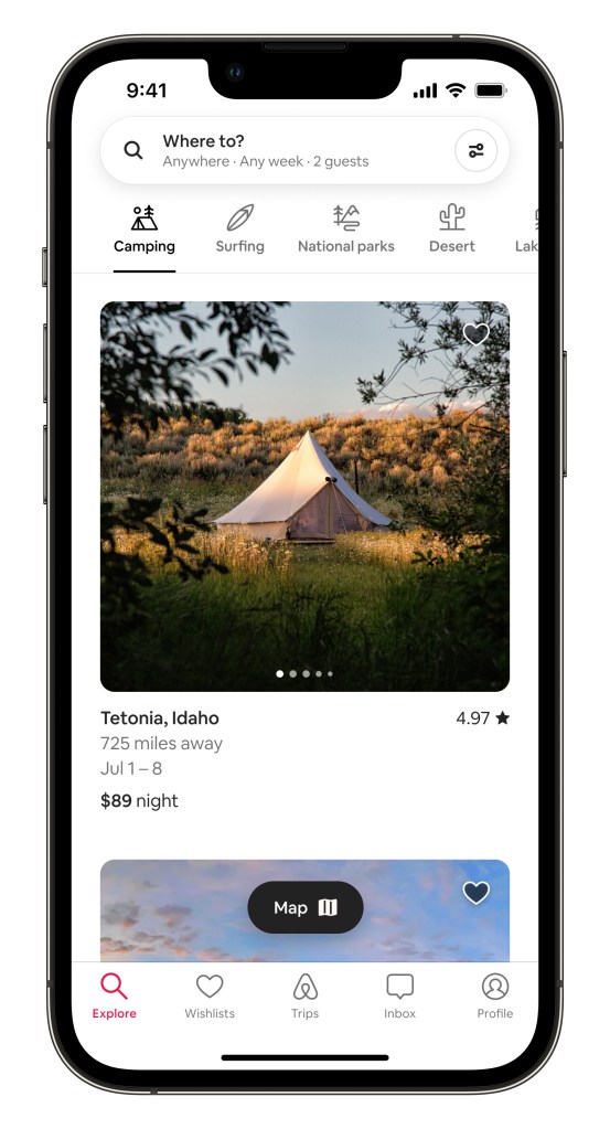 Airbnb product in iPhone mobile device showing a glamping Idaho tent in the Camping Category