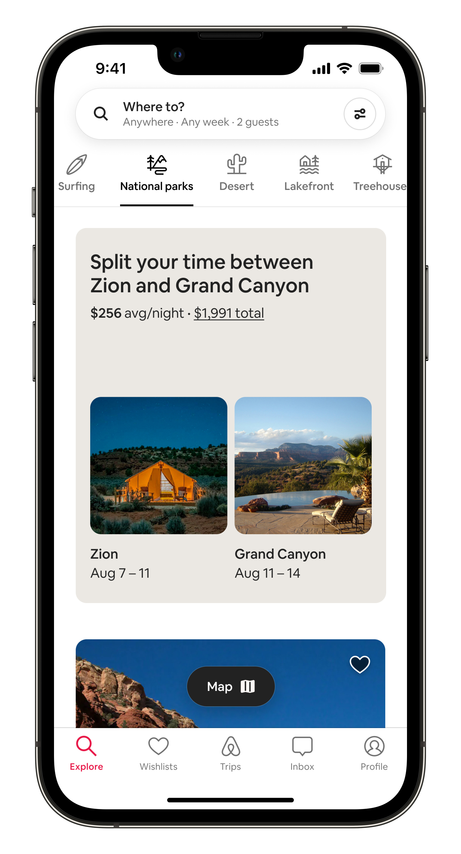 The Split Stays National Parks feature in an iPhone mobile device, showing a glamping tent stay near Zion National Park and a home near Grand Canyon