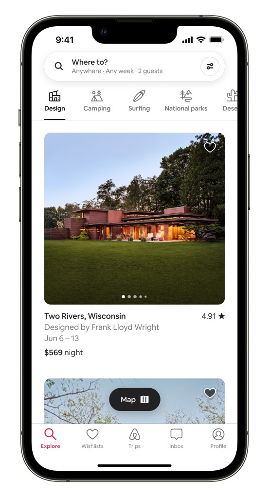 Airbnb product in iPhone mobile device showing a Frank Lloyd Wright home in the Design Category