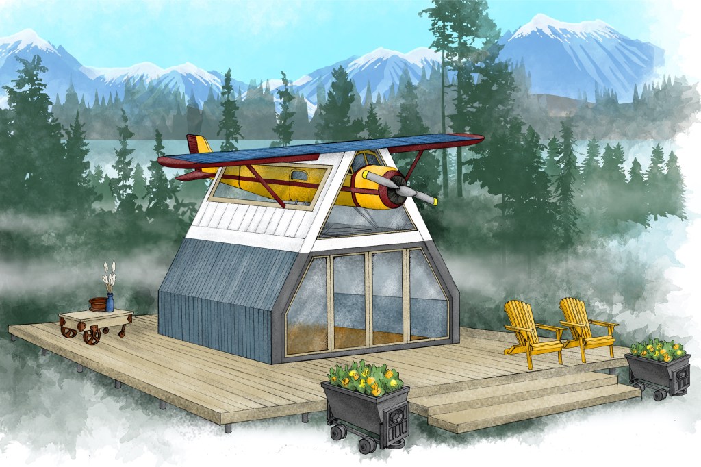 An a-frame metal cabin with a plane situated on top with solar panel wings