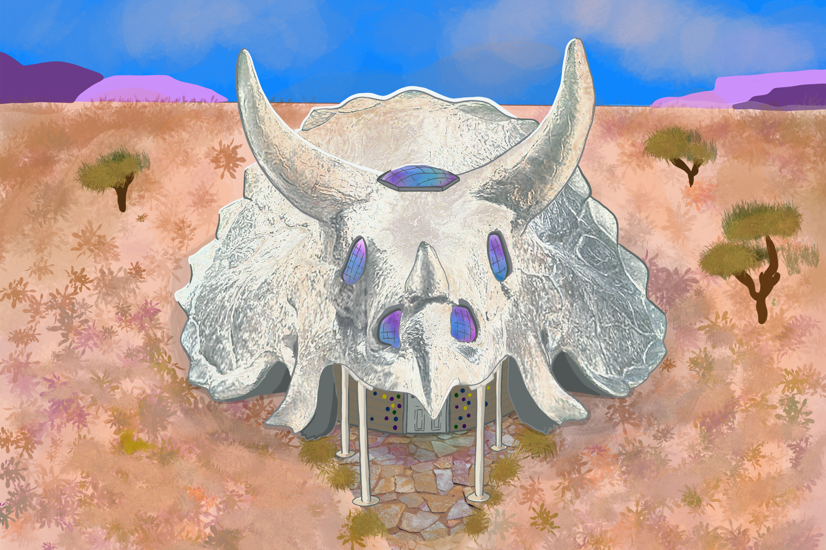 Desert home in the shape of a triceratops skull