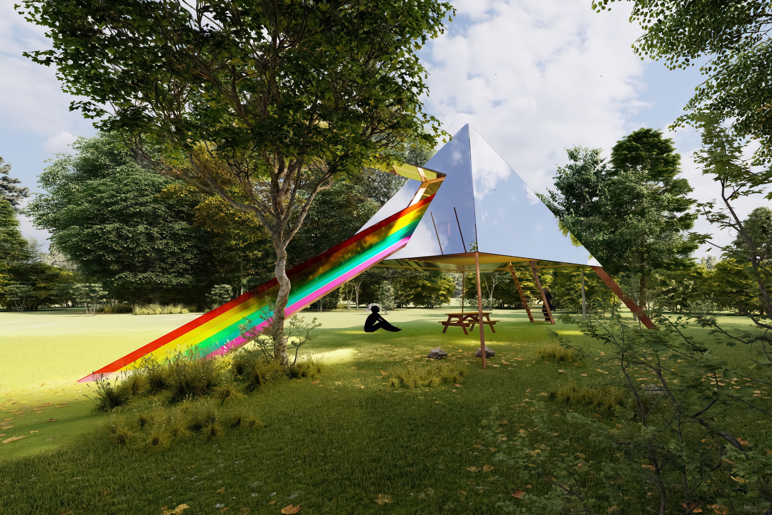 Elevated tent home with rainbow slide