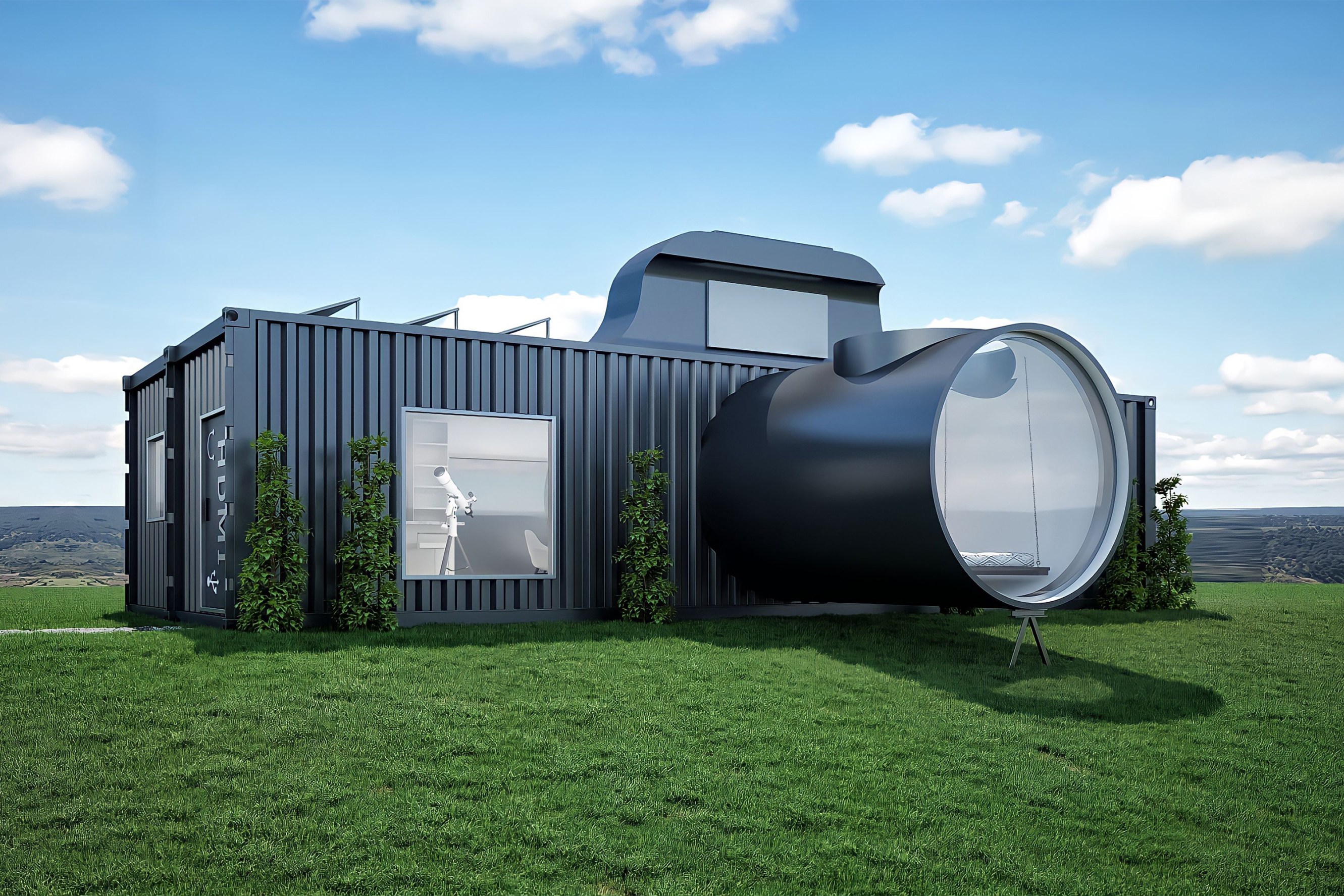 A black container home in the shape of a camera