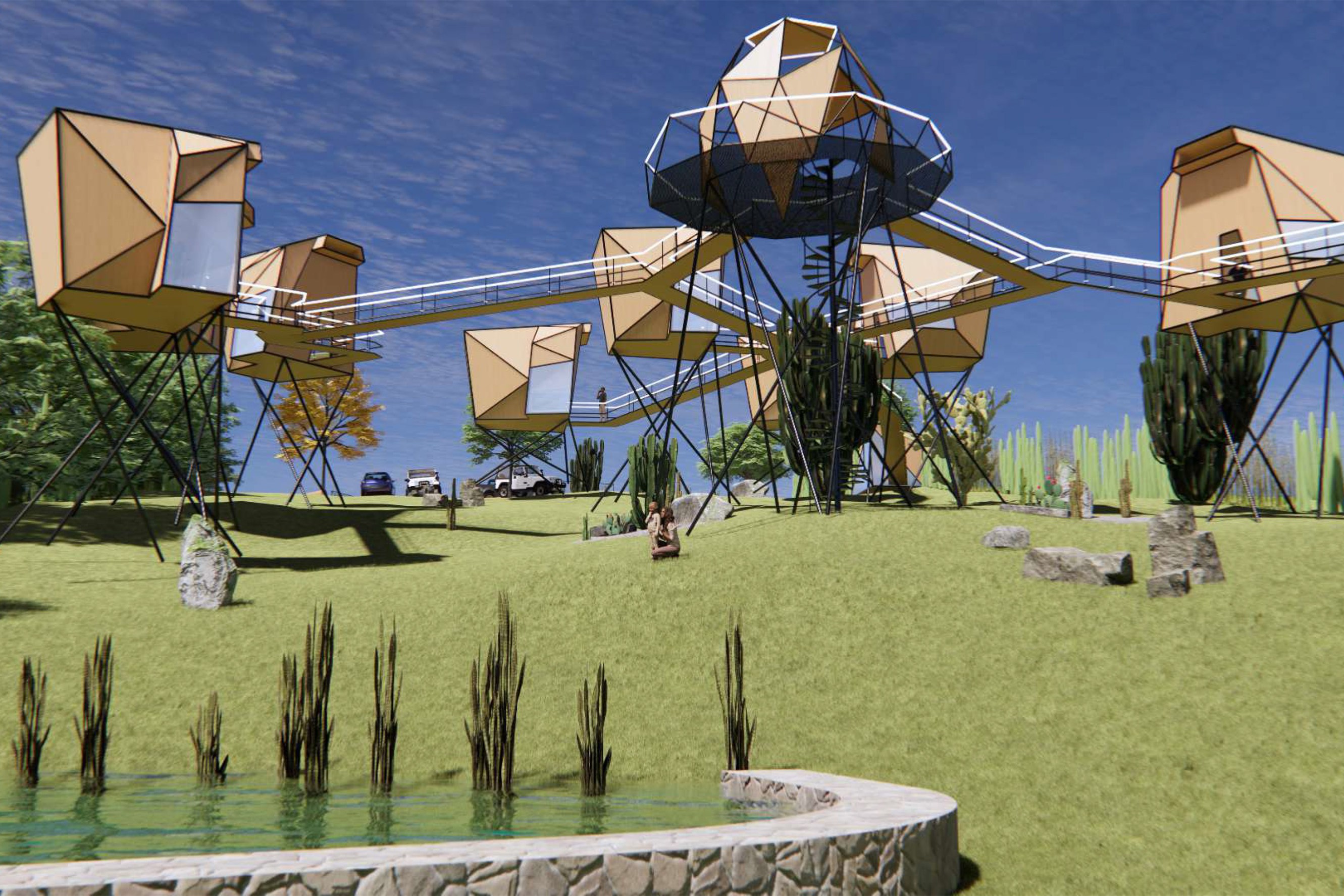 Ten tent treehouses suspended in the air with connecting bridges and ladders