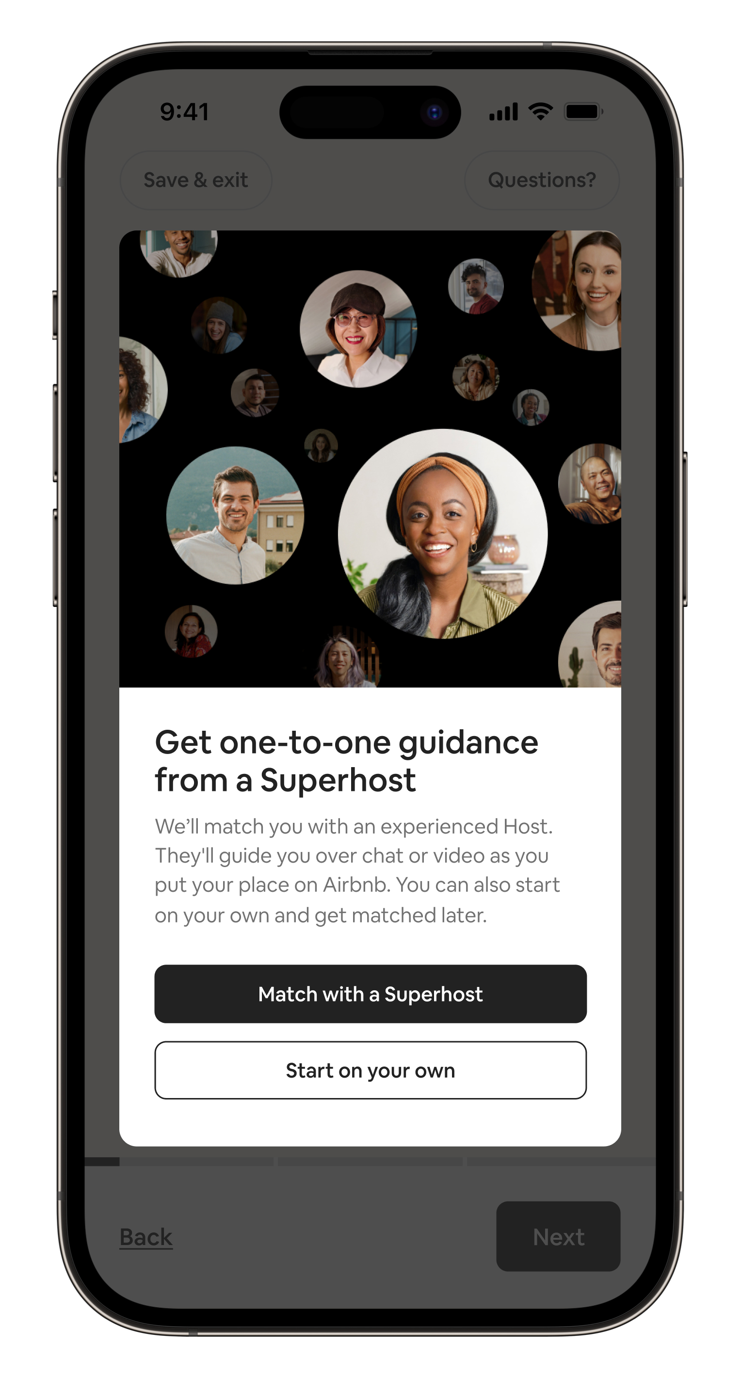 Airbnb Setup featured within the Airbnb app on an iPhone device. The image shows how new Hosts can initiate a conversation with a Superhost to help with setting up their listing.