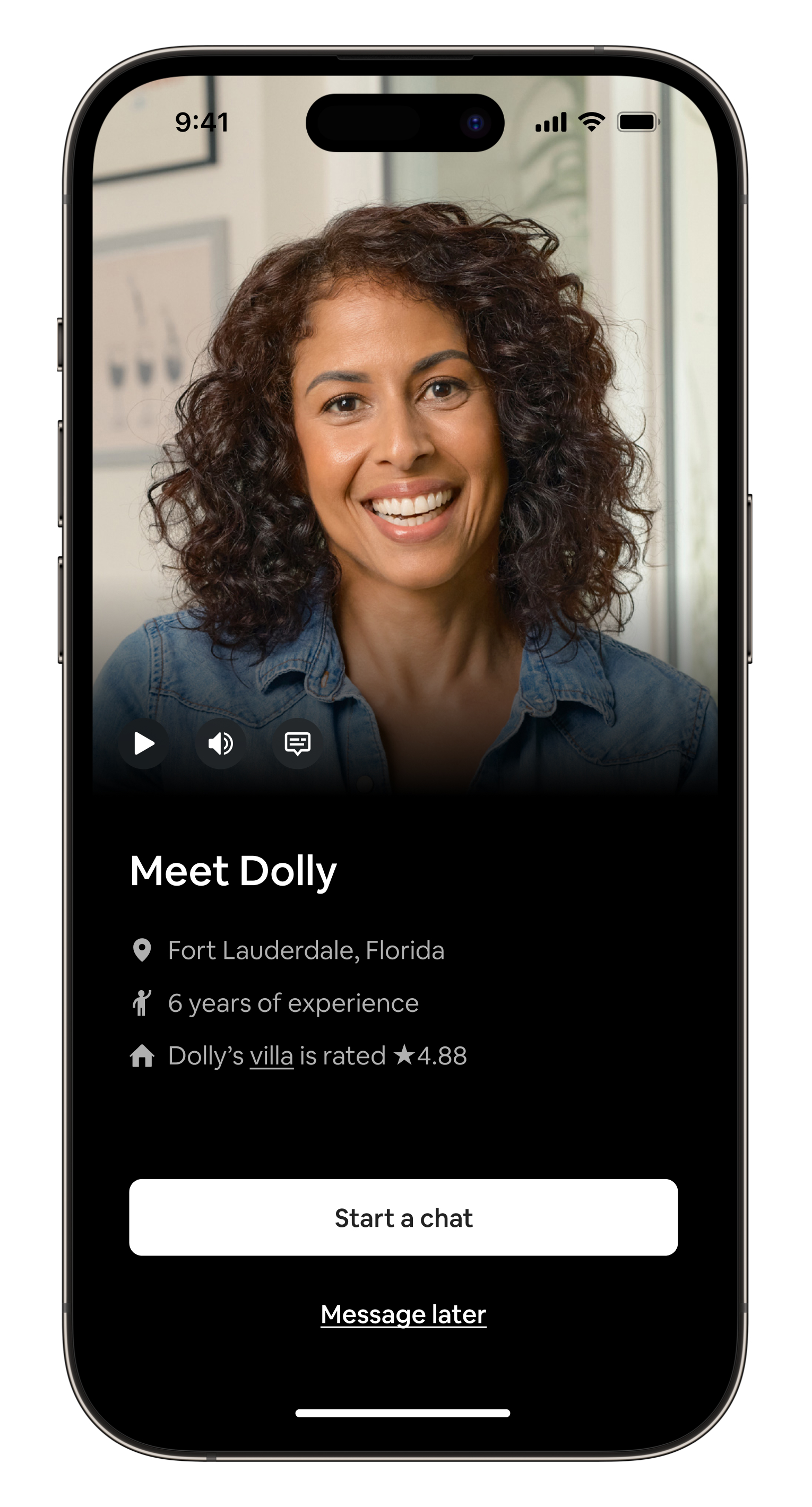 Airbnb Setup featured within the Airbnb app on an iPhone device. Host, Dolly, is featured and the image shows how new Hosts can initiate a conversation with her to help with setting up their listing.