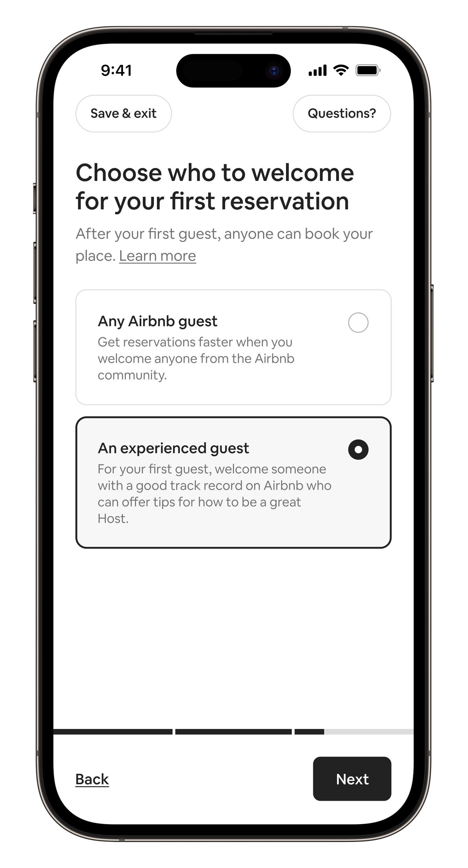 Airbnb Setup featured within the app on an iPhone device. Image shows the product flow a new Host would go through if they wanted to select an experienced guest as their first guest. The option appears in a bulleted list underneath the any guest option.