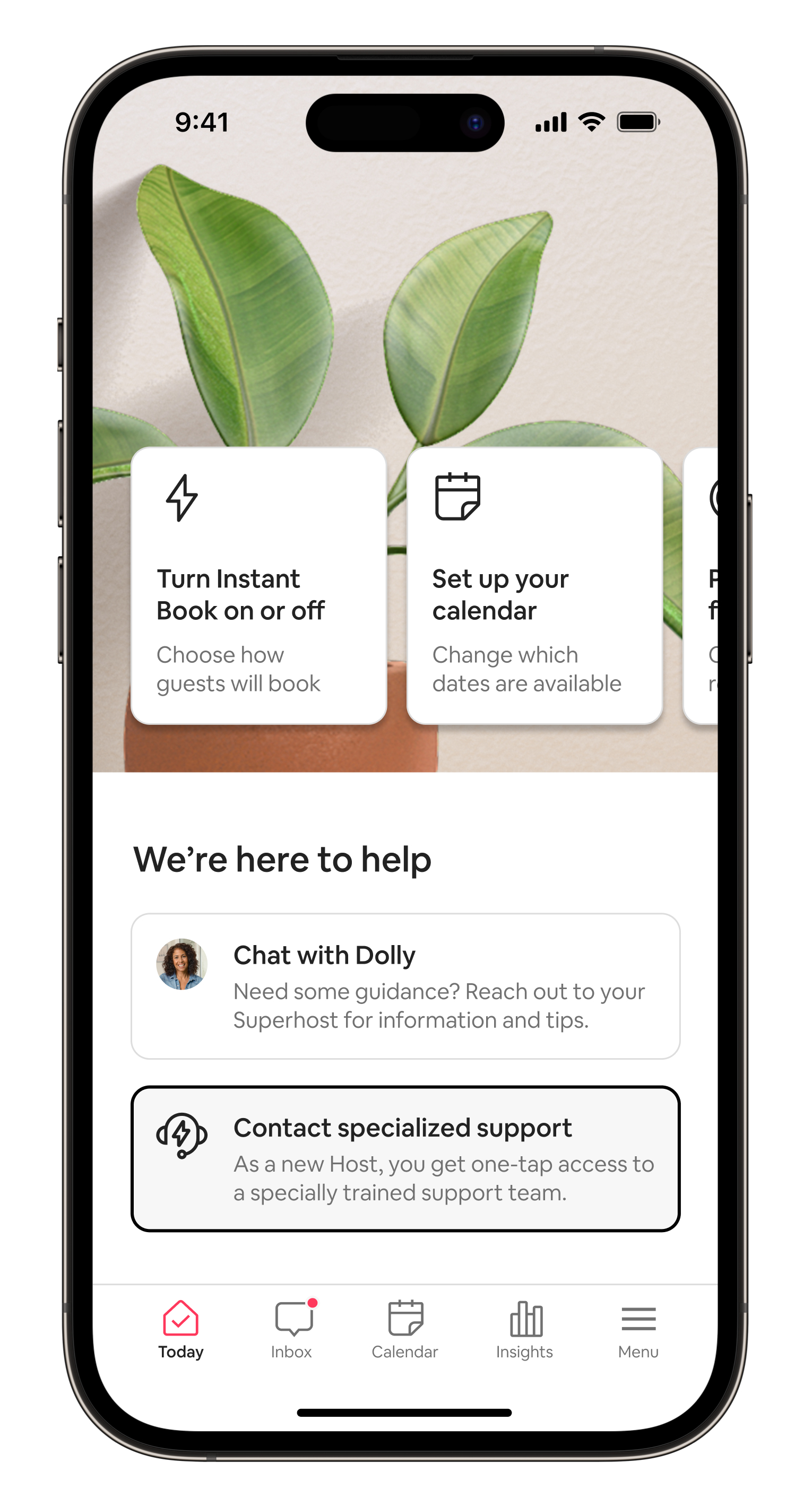 The new Airbnb today tab for Hosts, shown in app and on an iPhone device screen. The page shows Host options to turn Instant Book on or off, as well as an option to set up their calendar. There are also modules for Airbnb help, including chatting with a Superhost or contacting specialized support.