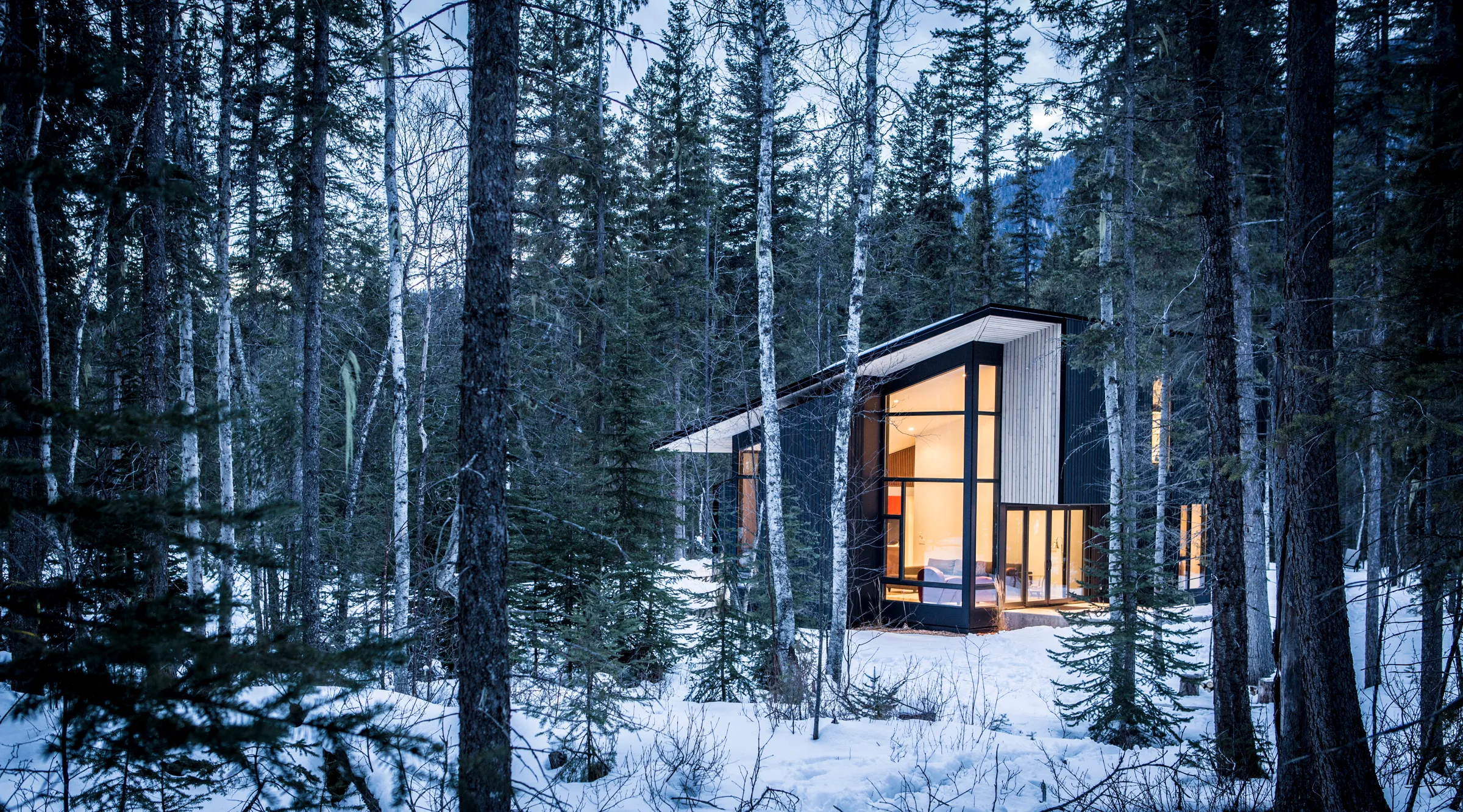 A modern cabin, painted black with floor to ceiling windows, sits nestled within a forest with snow on the ground. 