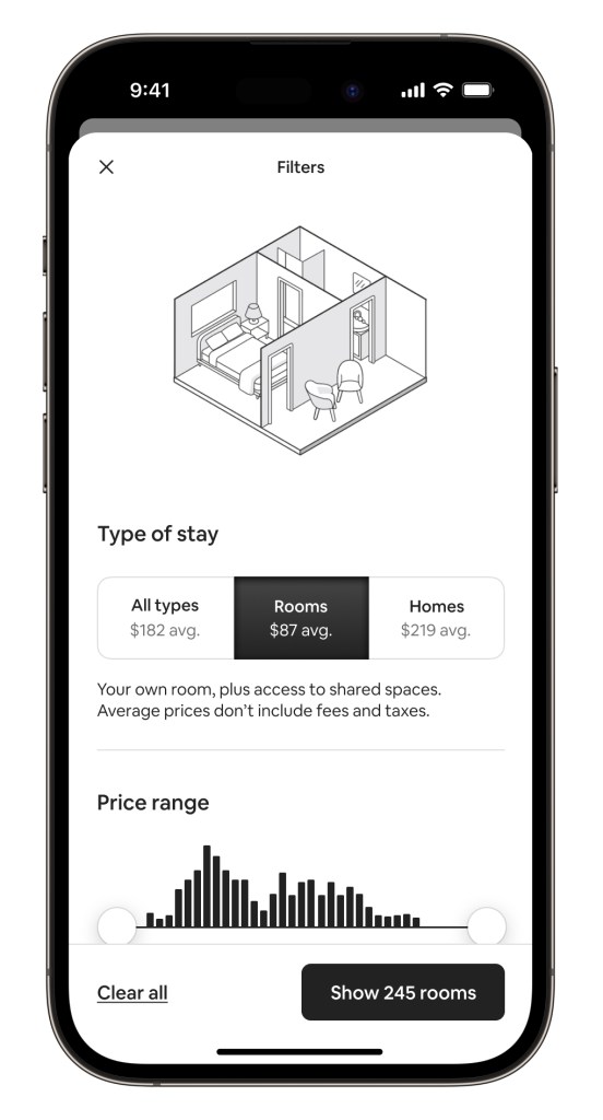 iPhone screen showing a view of the Airbnb app, displaying a Filters pop-up screen that shows a digital rendering of a private room area with a bedroom and sitting area. User can see that the Rooms filter is selected, which shows the average daily rate cost of that category. You can see two other options of All types and Homes stays and their average daily rates as well as a price range graph.